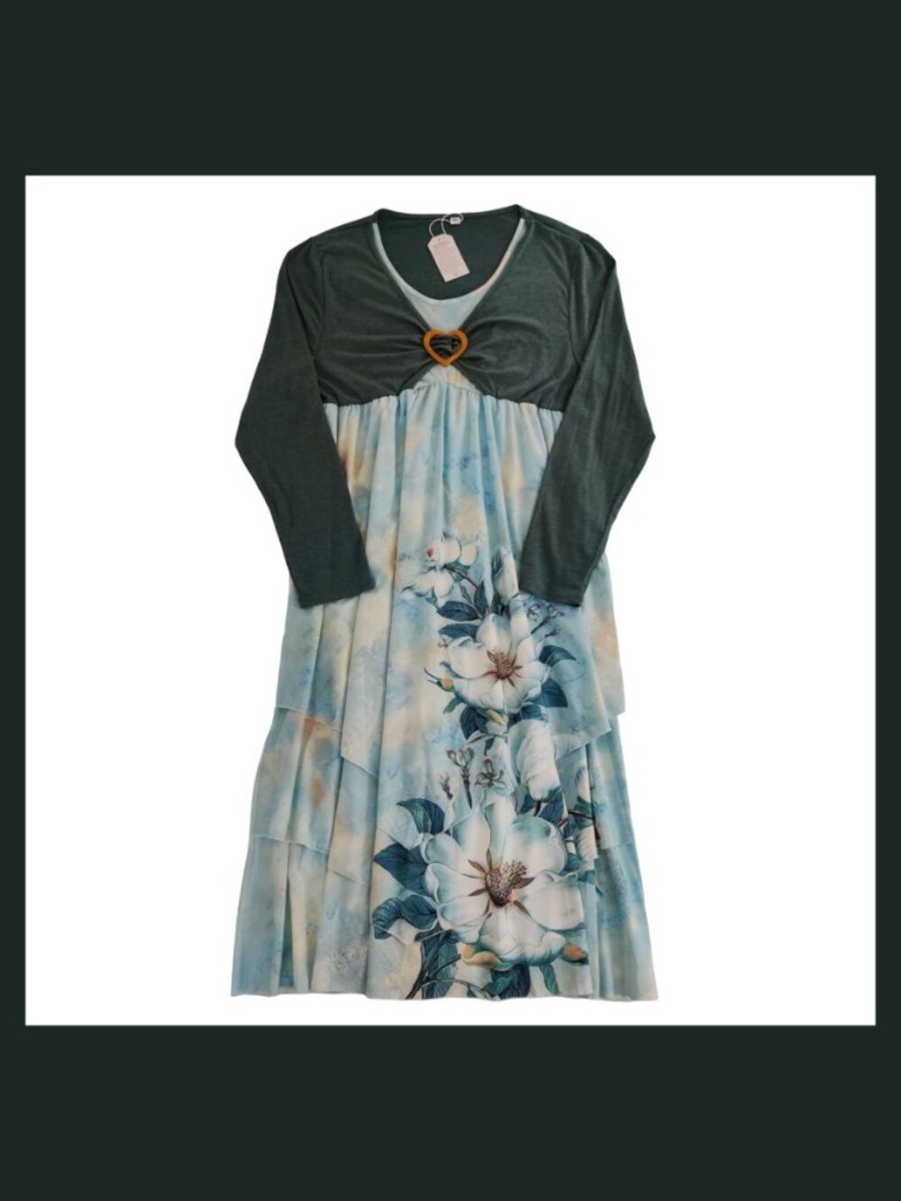 NWT Floral Maxi Dress - Shrug Bodice, Layered Skirt, Empire Waist - Green - XXL